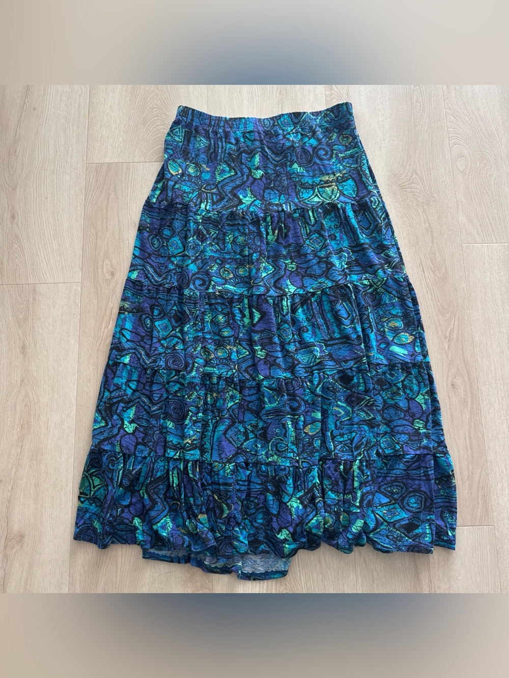 Chico's Blue Teal Abstract Tiered Maxi Skirt